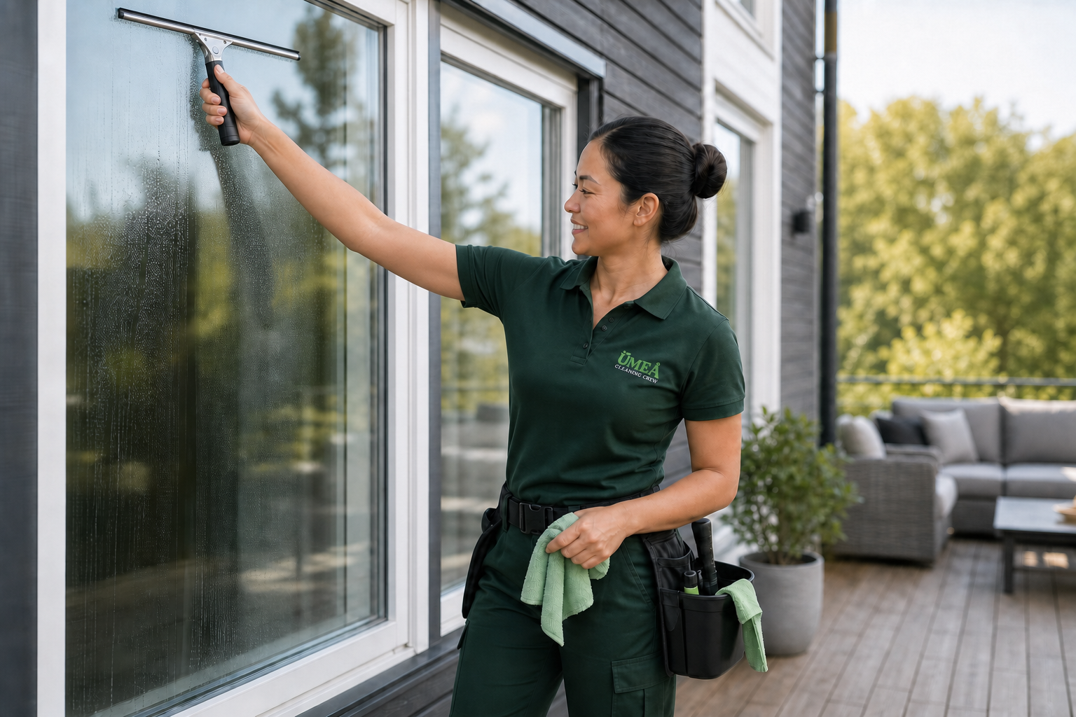 Professionell fönsterputsare från Umeå Cleaning Crew putsar ett utvändigt fönster